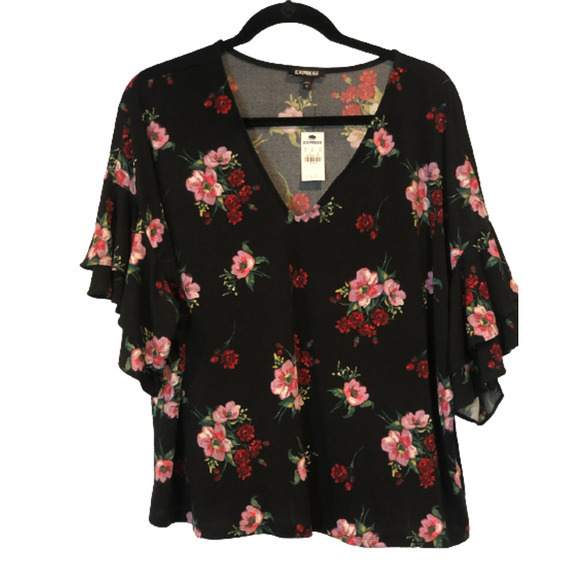 NWT NEW Express Large Black Floral Ruffle Flutter‎ Sleeve V Neck Blouse - Picture 8 of 16